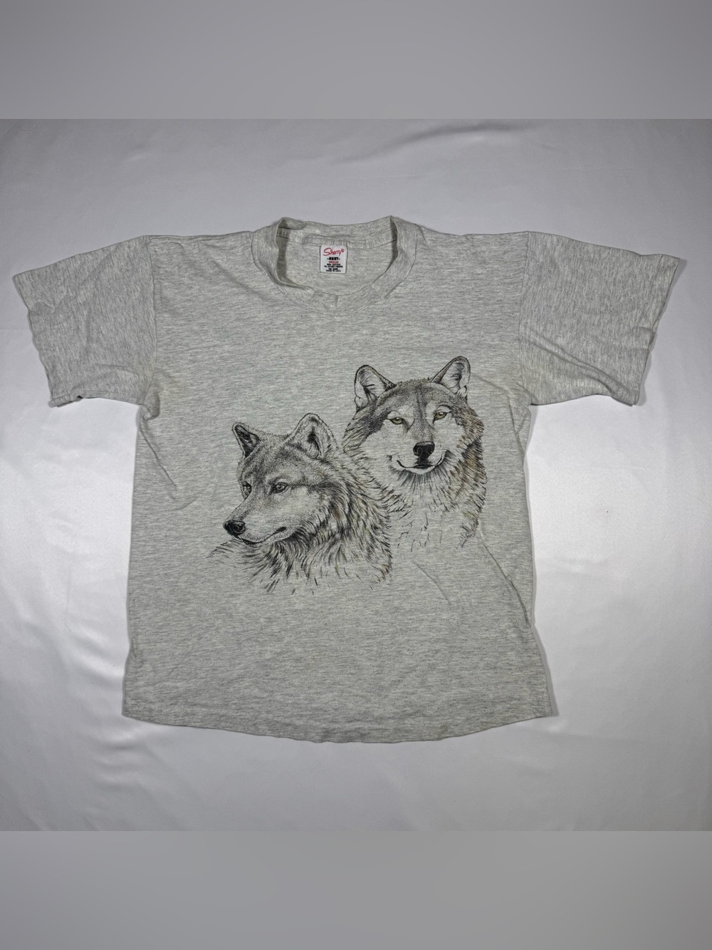 E1 Vintage 90’s Sherrys Best Wolf Nature Graphic T-Shirt Size Medium Gray